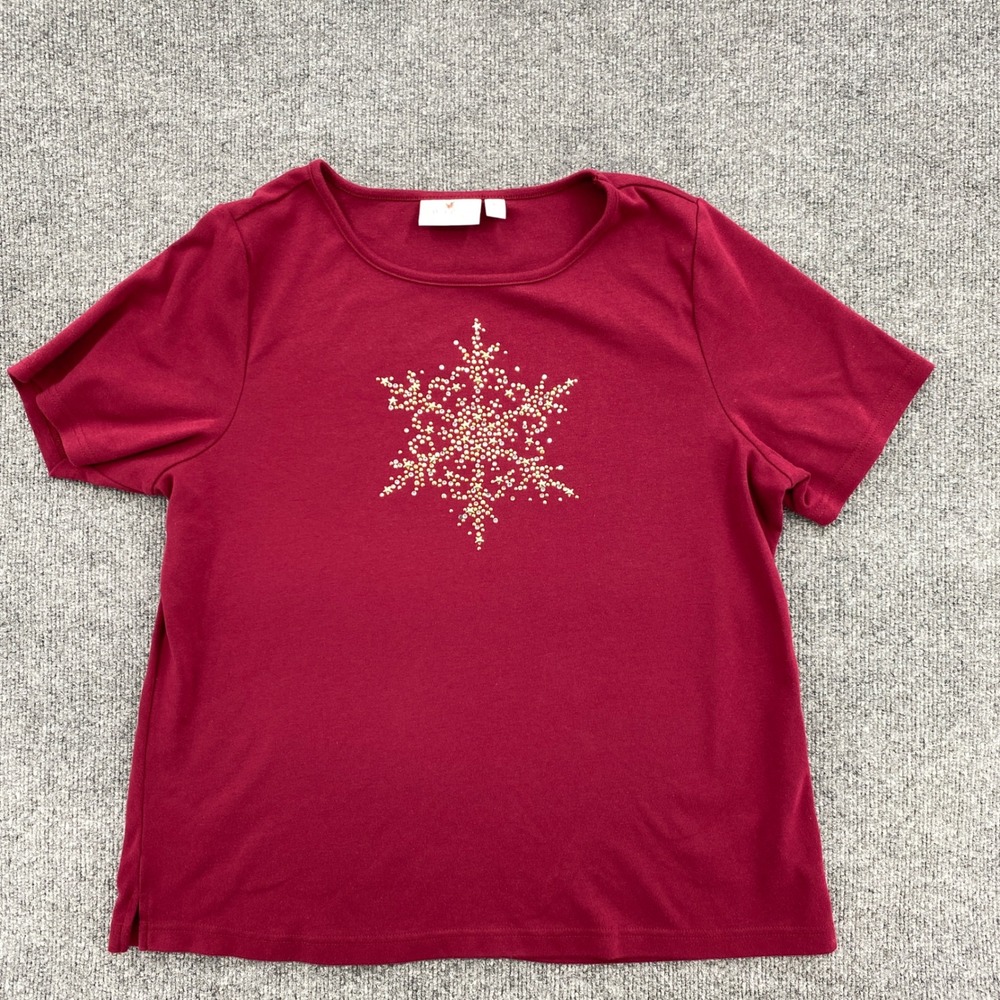 Quacker Factory T-Shirt Womens XL Red Snowflake Rhinestone Retro Holiday Festive